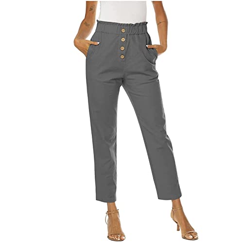 Hose Schwarz Damen Elegant High Waist Hose Damen Jeans Damen Stretch High Waist Einfarbiges Knopfleiste 7/8 Hosen Mit Taschen Baumwoll Leinen Locker Chino Hose Leicht Stoffhose Hosen Damen (Grau, S) von RMBLYfeiye