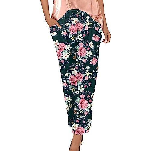 Hosen Damen Elegant Schwarze Hose Schwarz Elastische Taille Blumen Bedruckt Caprihose Mit Taschen Loose Fit Boho Straight Leg Haremshose Freizeithose von RMBLYfeiye