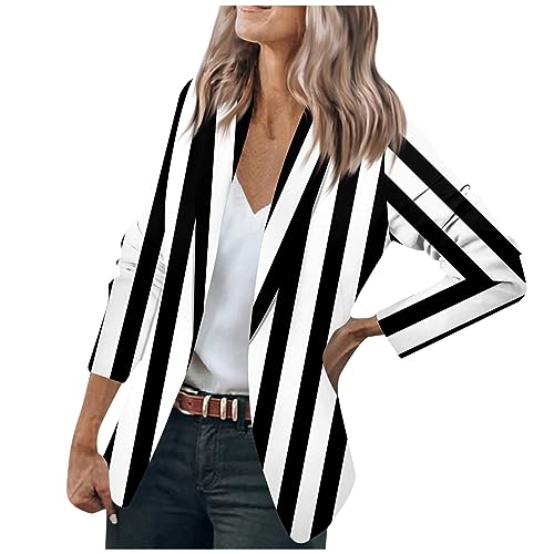 Jacke Damen Übergangsjacke Damen Blouson Jacke Sweatjacke Lang Damen Damen Blazer Elegantrevers Offene Front Gestreifter Druck Business Jacke Elegant Bürojacke Laufjacke Damen (Schwarz, 3Xl) von RMBLYfeiye