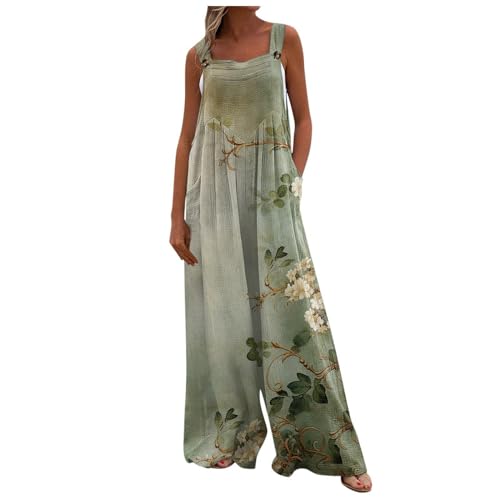 Jumpsuit Damen Lang Elegantes Outfit Komplett Jeanslatzhose Blumen Bedruckt Verstellbarer Riemen Weites Bein Trägerhose Leinen Jumspuit Mit Taschen Jogginghose von RMBLYfeiye