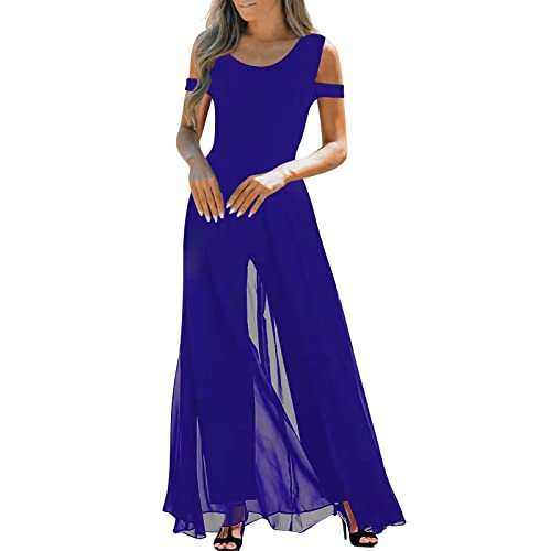 Jumpsuit Damen Lang Jumpsuit Damen Langarm Pyjama Jumpsuit Damen Rundhals Schulterfrei Jumpsuit Elegant Für Hochzeit Hohe Taille Mesh Cover Jumpsuit Mit Geradem Bein Latzhose Bunt (Blau Xxl) von RMBLYfeiye