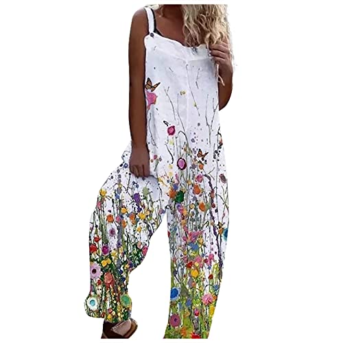 Jumpsuit Damen Lang U-Ausschnitt Vintage Blumen Bedruckt Sommer Jumpsuit Mit Taschen Spaghetti Ärmellos Overall Weites Bein Latzhose Rückenfrei Arbeitslatzhose Boho Jumpsuit Hawaii Jumpsuit von RMBLYfeiye