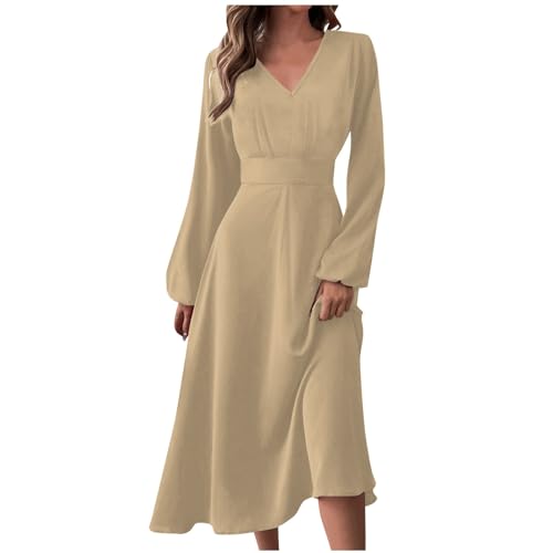 Maxikleid Damen Einfarbiges V-Ausschnitt Laternenärmel Freizeitkleid Hohe Taille Tunika Kleid A Linien Cocktailkleid Ballkleider Lang Rockabilly Kleider Outdoor Kleid Abschlussballkleid von RMBLYfeiye