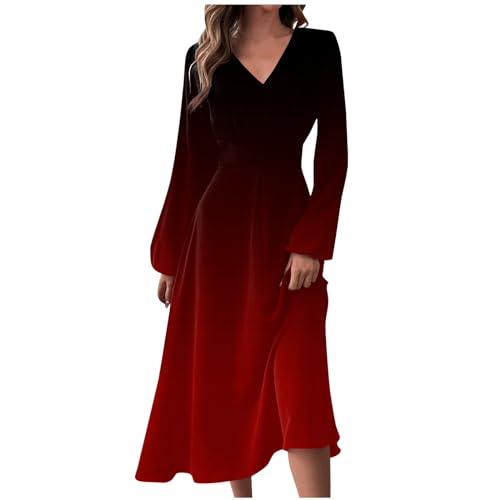 Maxikleid Damen Einfarbiges V-Ausschnitt Laternenärmel Freizeitkleid Hohe Taille Tunika Kleid A Linien Cocktailkleid Ballkleider Lang Rockabilly Kleider Outdoor Kleid Abschlussballkleid von RMBLYfeiye