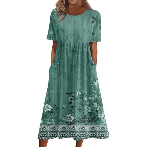 Meine Bestellungen Anzeigen Elegante Kleider Damen Kleid Hochzeitsgast Damen Luftige Sommerkleider Rundhals Blumen Bedruckt Kurzarm Abschlusskleid Mit Taschen Rückenfreies Kleid (Grün, 3XL) von RMBLYfeiye