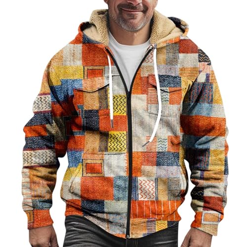 Militär Weste Outdoor Jacken für Männer Herbst Jacke Herren Bomberjacke Herren Grün Kariertes Druck Fleecejacke mit Kapuze Warm Kapuzenpullover mit Reißverschluss Männer Teddyfleece Jacke Orange Xxl von RMBLYfeiye