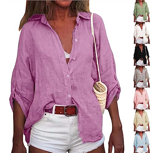 Musselin Bluse Damen Revers Einfarbig Leinenbluse Mit Knopfleiste Oversized Longbluse Leichte Langarm Hemdbluse Bequem Atmungsaktiv Sommer Bluse Elegant Oberteile Ausgefallene Shirt von RMBLYfeiye