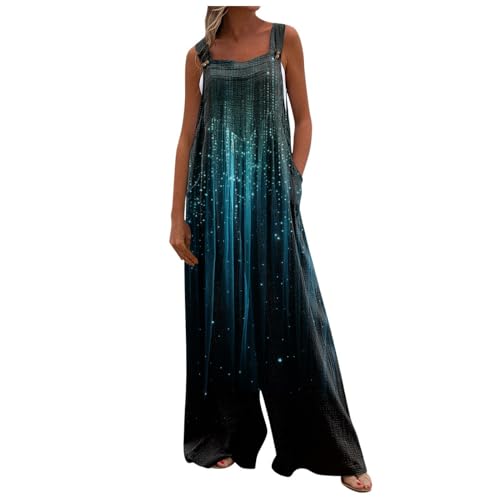 Overall Damen Elegant Jumpsuit Kurz Damen Latzhose Damen Karneval Blumen Bedruckt Verstellbarer Riemen Weites Bein Trägerhose Leinen Jumspuit Mit Taschen Overall Festlich (Cyan, Xxl) von RMBLYfeiye