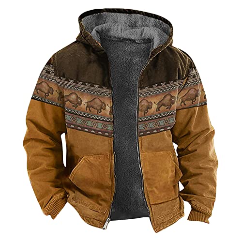 Parka Herren Winter 3 In 1 Jacke Herren Bomberjacke Herren Beige Vintage Cow Druck Decken Kapuzenjacke Mit Reißverschluss Sweatjacke Mit Kapuze Thermo Fleecejacke Bomberjacke Herren (Kaffee, Xl) von RMBLYfeiye