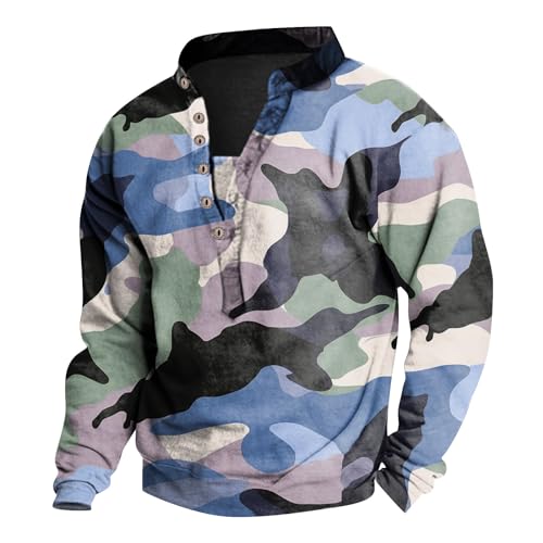 Poloshirt Herren Sport Shirt Männer Tactical Shirt Camouflage Druck Pullover V-Ausschnitt Knopfleiste Sweatshirt Regular Fit Tactical Shirts Uv Shirt Kinder (Blau, XXL) von RMBLYfeiye