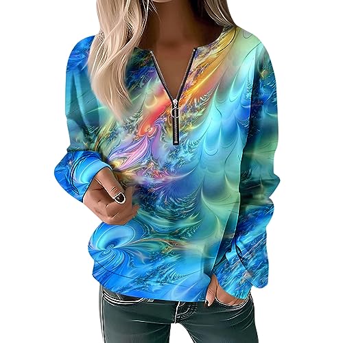 RMBLYfeiye 1/4 Zip Pullover Damen Blumen Bedruckt Sweatshirt Ohne Kapuze Y2k Pullover Mit Reißverschluss Leichte Herbst Longshirt Basic Musselin Bluse Oversized Shirts Lustige T Shirts Für Frauen von RMBLYfeiye