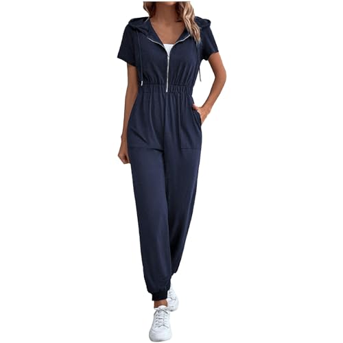 RMBLYfeiye Ärmelloser Jumpsuit Damen Schwarzer Ganzkörperanzug Damen Tier Jumpsuit Erwachsene V-Ausschnitt Einfarbiges Jumpsuit Lang Kurzarm Sommer Overall Mit Reißverschluss Latzhose Weiß (Marine, S von RMBLYfeiye