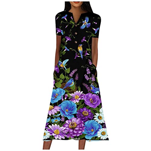 RMBLYfeiye Abendkleid Damen Lang Gestreifter Druck V-Ausschnitt Bohokleid A Line Strandkleid Mit Taschen 3/4 Ärmel Sommerkleid Knopfleiste Freizeitkleid Basic Maxikleid Ballkleider Damen Lang von RMBLYfeiye