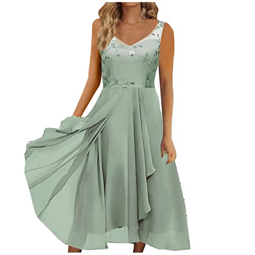 RMBLYfeiye Abendkleid Damen Lang Rundhals Ärmellos Blumen Bedruckt Chiffon Kleid Plissiertes Spitzenkleid Elegant Tunika Kleid A Line Brautjungferkleid Abendkleider Elegant Für Hochzeit Cocktailkleid von RMBLYfeiye