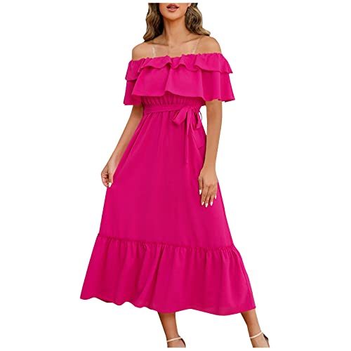 RMBLYfeiye Abendkleid Lang Hochzeitskleider Sommer U-Ausschnitt Einfarbiges Rüschenärmel Maxikleid Hohe Taille Rüschensaum Tunika Kleid Mit Gürtel Faltenkleid Rotes Kleid (Hot Pink L) von RMBLYfeiye