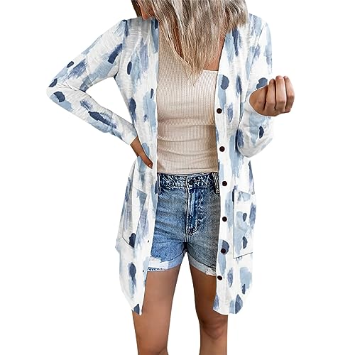 RMBLYfeiye Blaue Strickjacke Damen Blazer Elegant Jersey Blumenmuster Leichte Übergangsjacke Mit Knopfleiste Cardigan Langarm Blouson Dünne Jacke Kapuzenjacke von RMBLYfeiye
