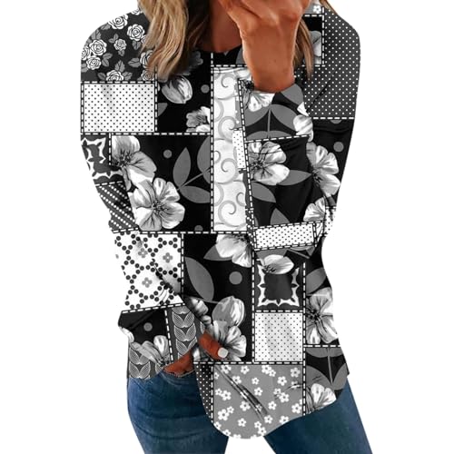 RMBLYfeiye Blusen & Tuniken Für Damen Bluse Oktoberfest Damen Damen Sweatshirt Rundhals Blumen Bedruckt Vintage Pullover Locker Longshirt Für Leggings Leinenbluse (Schwarz, L) von RMBLYfeiye