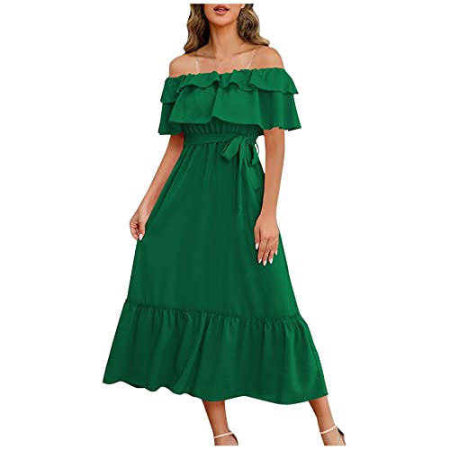 RMBLYfeiye Blusenkleid Damen Langarm Leopardenmuster Sexy Kleider U-Ausschnitt Einfarbiges Rüschenärmel Maxikleid Hohe Taille Rüschensaum Tunika Kleid Mit Gürtel Faltenkleid Kleider Elegant (Grün L) von RMBLYfeiye