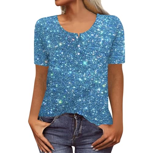 RMBLYfeiye Blusenrock Longbluse Damen Lässig Für Leggings Blusen Rundhals Pailletten Party Tops Glitzer Top Knopfleiste Hemdbluse Elegant Longshirt von RMBLYfeiye