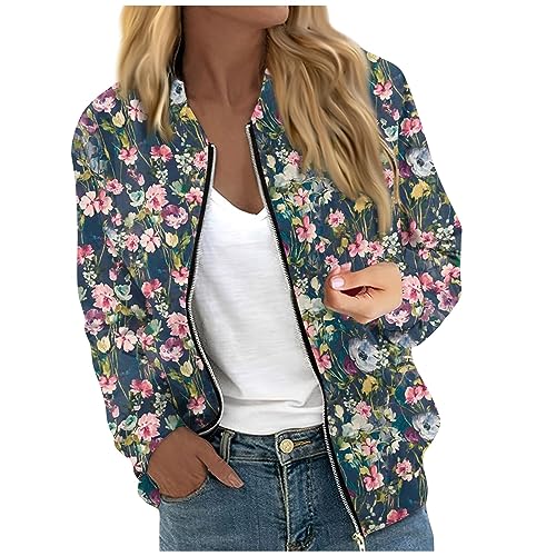 RMBLYfeiye Bomberjacke Damen Blumen Bedruckt Leichte Übergangsjacke Mit Reißverschluss Elegant Sweatjacke Mit Taschen Zip Up Softshelljacke Herbst Mantel Cooljacken Für Frauen Streetwear von RMBLYfeiye