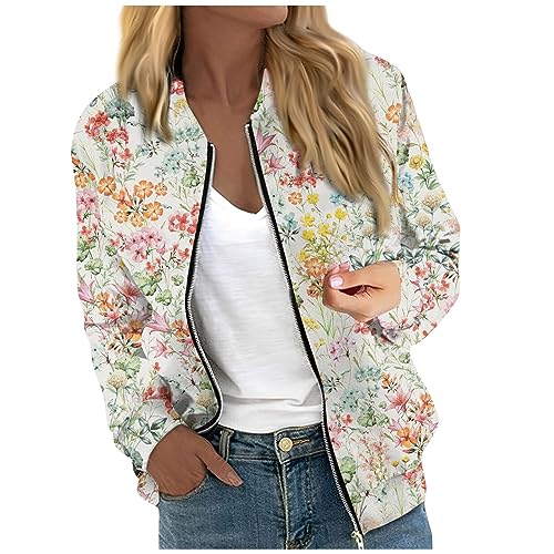 RMBLYfeiye Bomberjacke Damen Blumen Bedruckt Leichte Übergangsjacke Mit Reißverschluss Elegant Sweatjacke Mit Taschen Zip Up Softshelljacke Herbst Mantel Cooljacken Für Frauen Streetwear von RMBLYfeiye