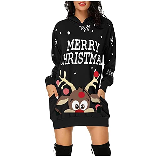 RMBLYfeiye Christmas Hoodie Kleid Damen Weihnachtspullover Weihnachtskleider Hoodie Weihnachtspullover Damen Rentier Print Hoodie Kleid Langes Weihnachtskleid mit Taschen von RMBLYfeiye