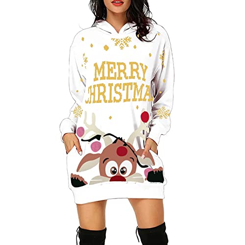 Christmas Hoodie Kleid Damen Weihnachtspullover Weihnachtskleider Hoodie Weihnachtspullover Damen Rentier Print Hoodie Kleid Langes Weihnachtskleid mit Taschen von RMBLYfeiye