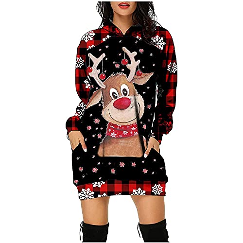 Christmas Hoodie Kleid Damen Weihnachtspullover Weihnachtskleider Hoodie Weihnachtspullover Damen Rentier Print Hoodie Kleid Langes Weihnachtskleid mit Taschen von RMBLYfeiye