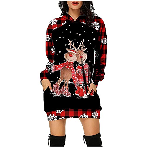 RMBLYfeiye Christmas Hoodie Kleid Damen Weihnachtspullover Weihnachtskleider Hoodie Weihnachtspullover Damen Rentier Print Hoodie Kleid Langes Weihnachtskleid mit Taschen von RMBLYfeiye