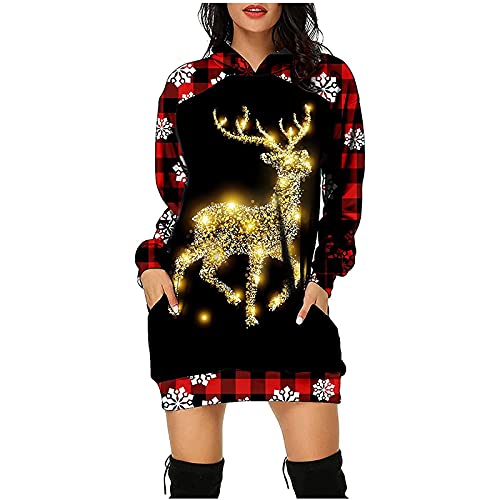 Christmas Hoodie Kleid Damen Weihnachtspullover Weihnachtskleider Hoodie Weihnachtspullover Damen Rentier Print Hoodie Kleid Langes Weihnachtskleid mit Taschen von RMBLYfeiye