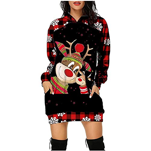 RMBLYfeiye Christmas Hoodie Kleid Damen Weihnachtspullover Weihnachtskleider Hoodie Weihnachtspullover Damen Rentier Print Hoodie Kleid Langes Weihnachtskleid mit Taschen von RMBLYfeiye