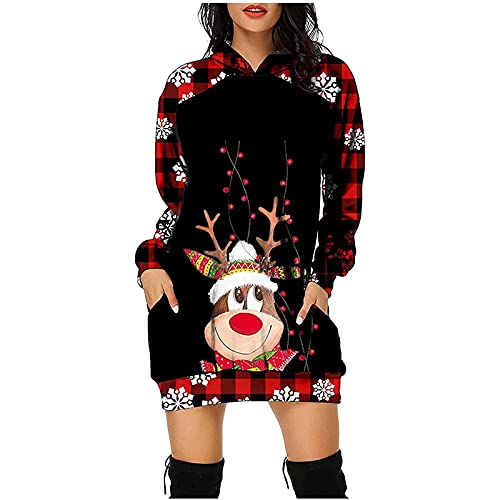 Christmas Hoodie Kleid Damen Weihnachtspullover Weihnachtskleider Hoodie Weihnachtspullover Damen Rentier Print Hoodie Kleid Langes Weihnachtskleid mit Taschen von RMBLYfeiye