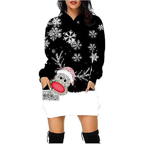 Christmas Hoodie Kleid Damen Weihnachtspullover Weihnachtskleider Hoodie Weihnachtspullover Damen Rentier Print Hoodie Kleid Langes Weihnachtskleid mit Taschen von RMBLYfeiye