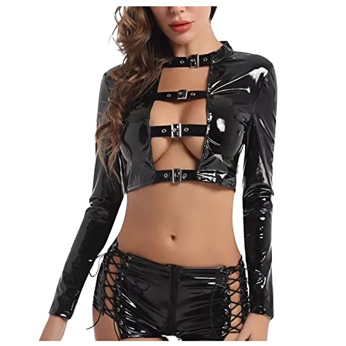 RMBLYfeiye Damen Einteilige Dessous Sexy Offener Schritt Lack Leder FüR Sex Erotische UnterwäSche Set Babydoll Latex Sissy Obsessive Body Provocative Nachtwäsche Pyjama mit Schritt-Reißverschluss von RMBLYfeiye