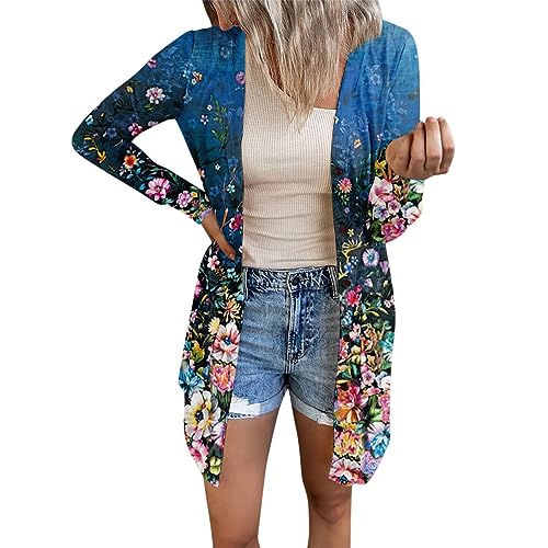 RMBLYfeiye Damen Jacke Winter Pullover Elegant Blazer Blau Blumenmuster Leichte Übergangsjacke Mit Knopfleiste Cardigan Langarm Blouson Dünne Winterjacke von RMBLYfeiye
