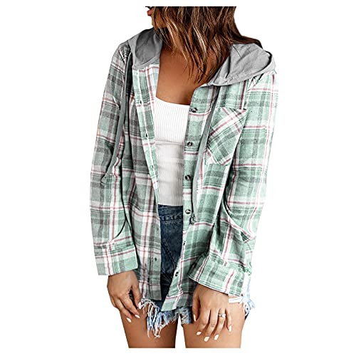 RMBLYfeiye Damen Kariertes Hemd Mit Kapuze Oversized Holzfäller Jacke Casual Hemd Loose Langarmhemd Brusttaschen Bluse Revers Kapuzeshirt Designer Freizeitjacke von RMBLYfeiye