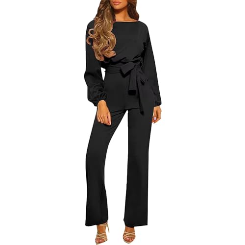 RMBLYfeiye Full Body Jumpsuit Jumpsuit Eng Schwarz Jeans Overall Damen Boot-Ausschnitt Einfarbiges Festlich Hosenanzug Langarm Straight Leg Jumpsuit Mit Gürtel Orangener Overall (Schwarz, L) von RMBLYfeiye