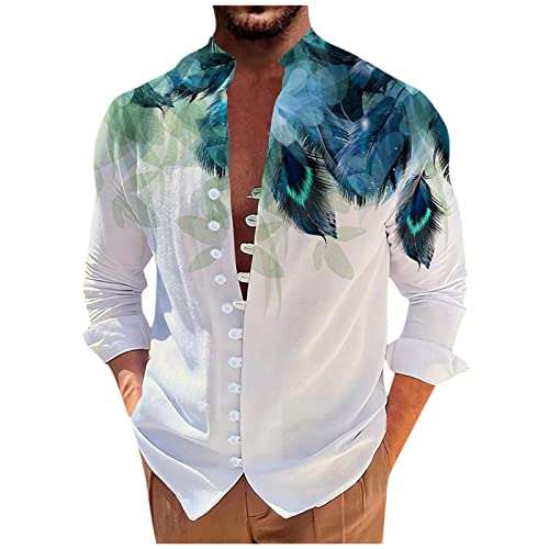 RMBLYfeiye Hemd Herren Langarm, Stehkragen Tier Gedruckt Druckknopf Langarmshirt Loose Fit Hawaii Hemd Männer Lockere Henley Shirt Strandhemd Mittelalter Hemd Holzfällerhemd Herren Sommerhemd von RMBLYfeiye