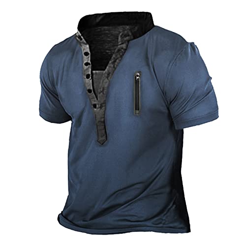 Henley Shirt Herren Langarm Hemd Herren Schwarz Herren T Shirt Poloshirt Herren Kurzarm V-Ausschnitt Retro Druck Henley Shirt Knopfleiste Tactical Shirts Tshirt Männer (Blau, XXL) von RMBLYfeiye