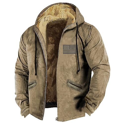 RMBLYfeiye Herren Jacke Winter Motorrad Jacken Herren Ärmellose Jacke Herren Flagge Bedruckt Gefütterte Jacke Mit Reißverschluss Fleece Futter Sweatjacke Mit Kapuze Cordjacke Männer (Khaki, 7Xl) von RMBLYfeiye