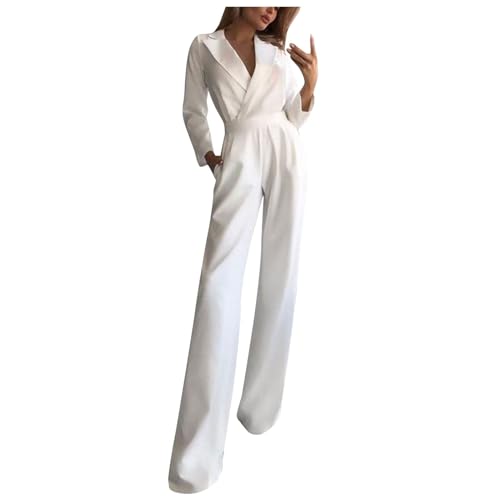 RMBLYfeiye Hosenanzug Damen Festlich Elegant Brautmutter Anzug Jumpsuit Jeans Einfarbiges V-Ausschnitt Hohe Taille Hochzeit Langarm Overall von RMBLYfeiye