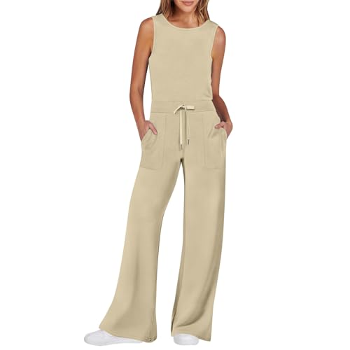 RMBLYfeiye Jumpsuit Damen Elegant Hosenanzug, 2-Teiler, Festlicher Jumpsuit Damen Einfarbiges Rundhals Ärmelloser Jumpsuit Lang Tunnelzug Overall Mit Taschen Leinen Damen (Khaki, Xs) von RMBLYfeiye