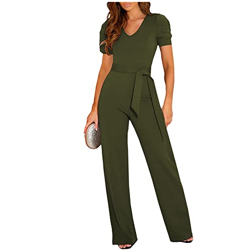 RMBLYfeiye Jumpsuit Damen Kurz,V-Ausschnitt Einfarbiges Kurzarm Jumpsuit Mit Gürtel Hohe Taille Tailliert Tunika Jumpsuit Business Hosenanzug Jumpsuit Damen Elegant Für Hochzeit von RMBLYfeiye