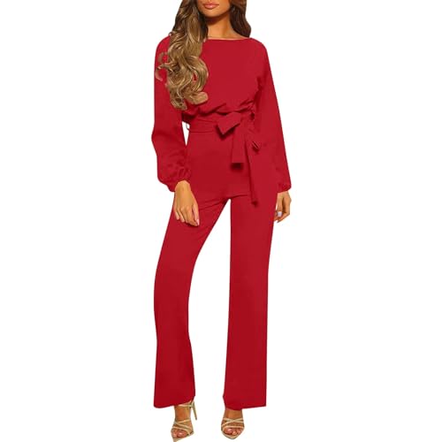 RMBLYfeiye Jumpsuit Damen Kurz Hosenanzug Damen Hochzeit Damen Jumpsuit Eng Boot-Ausschnitt Einfarbiges Festlich Hosenanzug Langarm Straight Leg Jumpsuit Mit Gürtel Damen Latzhose (Rot, L) von RMBLYfeiye