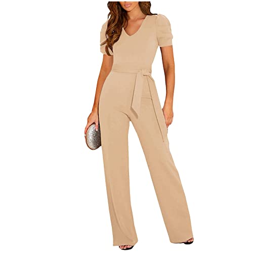 RMBLYfeiye Jumpsuit Damen Lang,V-Ausschnitt Einfarbiges Kurzarm Jumpsuit Mit Gürtel Hohe Taille Tailliert Tunika Jumpsuit Business Hosenanzug Jumpsuit Damen Elegant Für Hochzeit von RMBLYfeiye