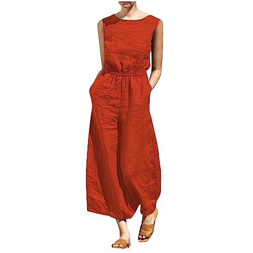 RMBLYfeiye Jumpsuit Damen Lang Rundhals Ärmellos Baumwoll Leinen Weite Bein Latzhose Mit Taschen Lose Sommer Overall Elegant Atmungsaktiv Leinenhose Oversize Große Größen von RMBLYfeiye