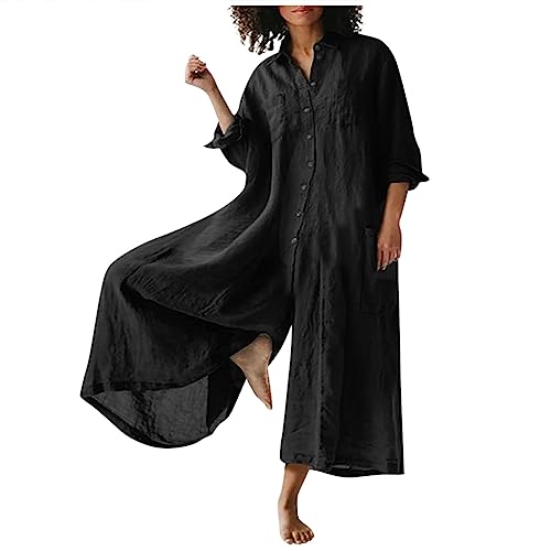 RMBLYfeiye Jumpsuit Damen Lang Rundhals Einfarbiges Leinen Jumpsuit Mit Taschen Weites Bein Latzhose Kurzarm Sommer Jumpsuit Lose Oversized Sommer Overall Trägerhose Arbeitslatzhose Damen von RMBLYfeiye