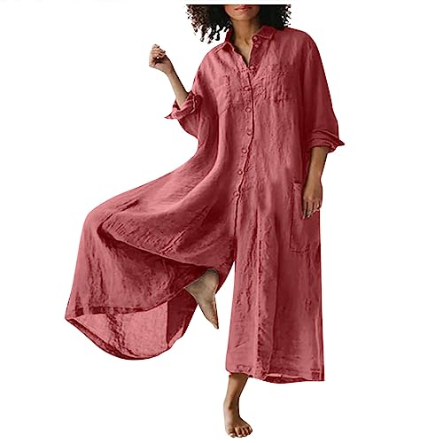 RMBLYfeiye Jumpsuit Damen Lang Rundhals Einfarbiges Leinen Mit Taschen Weites Bein Latzhose Kurzarm Sommer Lose Oversized Overall Trägerhose Arbeitslatzhose von RMBLYfeiye