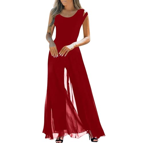 RMBLYfeiye Jumpsuit Damen Lang Rundhals Schulterfrei Jumpsuit Elegant Für Hochzeit Hohe Taille Mesh Cover Jumpsuit Mit Geradem Bein Hosenanzug Damen Business Hosenanzug Damen Festlich Hochzeit von RMBLYfeiye