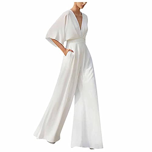 RMBLYfeiye Jumpsuit Damen Lang V-Ausschnitt Einfarbiges 3/4 Ärmel Chiffon Jumpsuit Mit Taschen Hohe Taille Tailliert Tunika Overall Hosenanzug Festlich Jumpsuit Elegant Hochzeit Gast von RMBLYfeiye